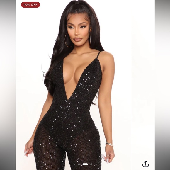 FASHION NOVA Black Reach For The Stars Sequin Jumpsuit - Black L - Picture 8 of 15